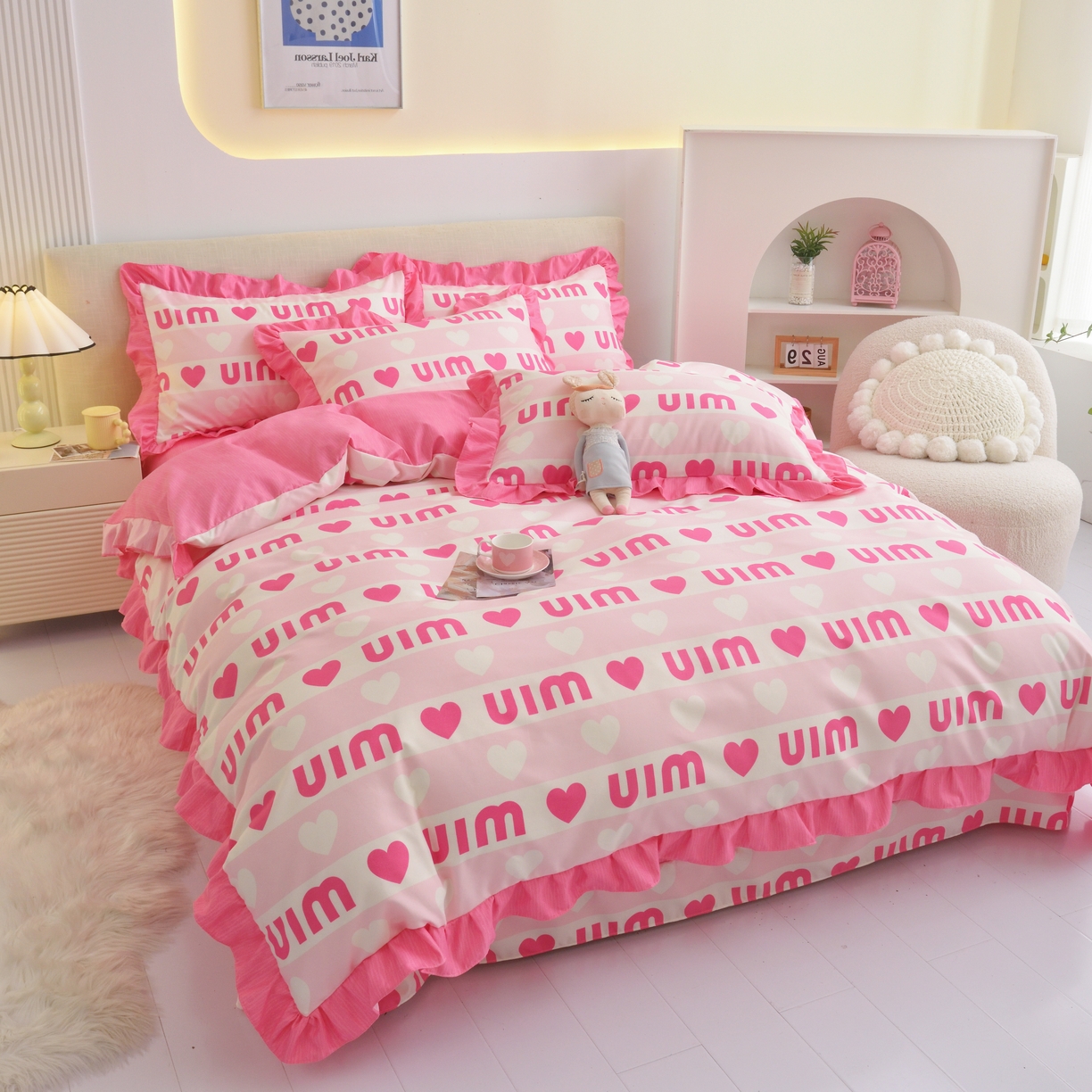 91家纺网 家纺一手货源 找家纺 宅家居 2024新韩版亲肤磨毛花边小号三件套 四件套床单大荷叶边 苗苗粉