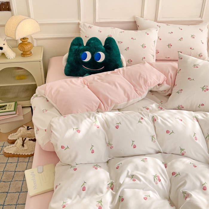 91家纺网 家纺一手货源 找家纺 赫然 2026新款水洗双层纱四件套 郁金香