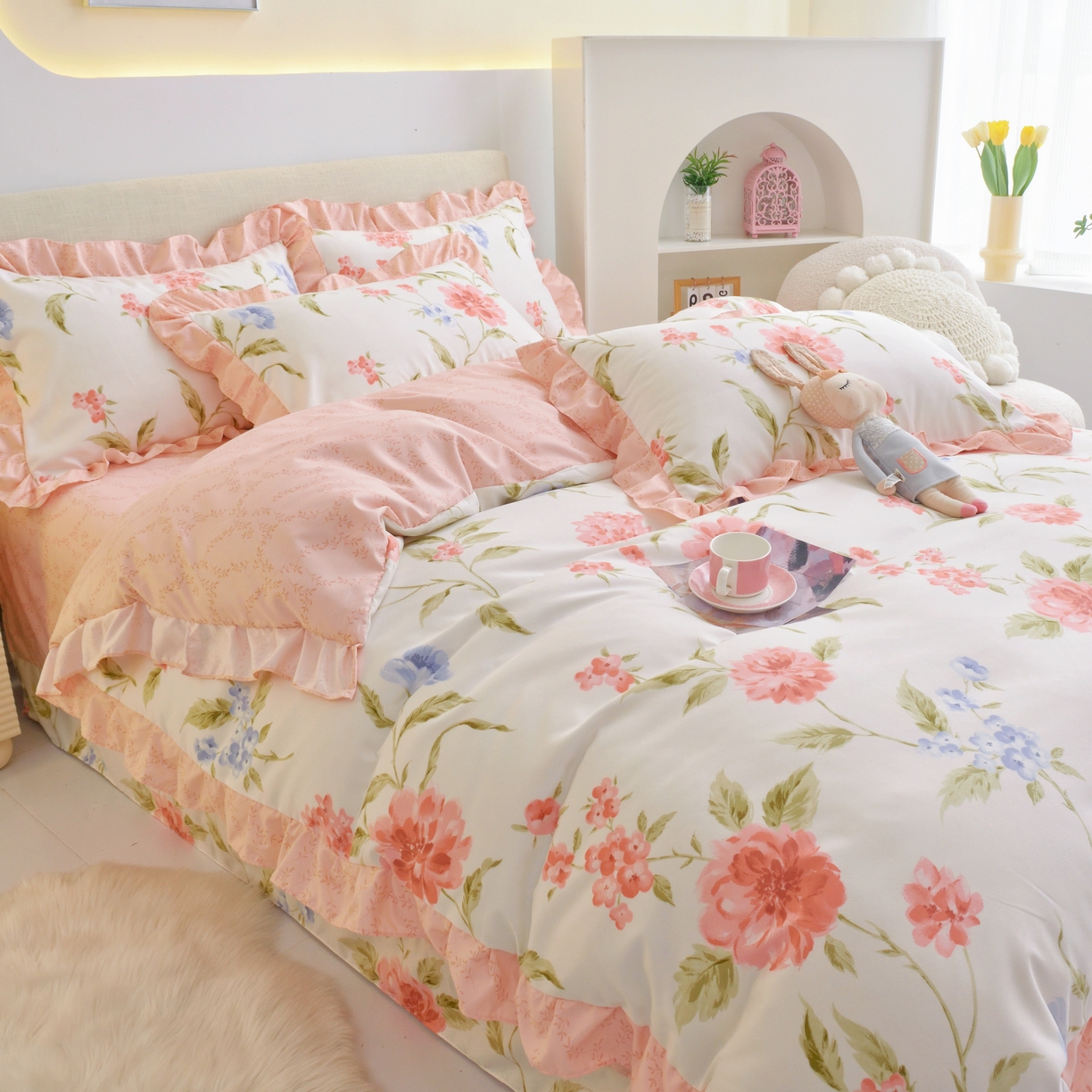 91家纺网 家纺一手货源 找家纺 宅家居 2024新韩版亲肤磨毛花边小号三件套 四件套床单大荷叶边 思郁法情