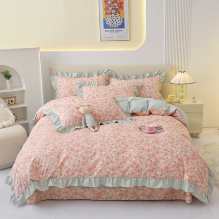 91家纺网 家纺一手货源 找家纺 宅家居 2024新韩版亲肤磨毛花边小号三件套 四件套床单大荷叶边 小清新-娅粉