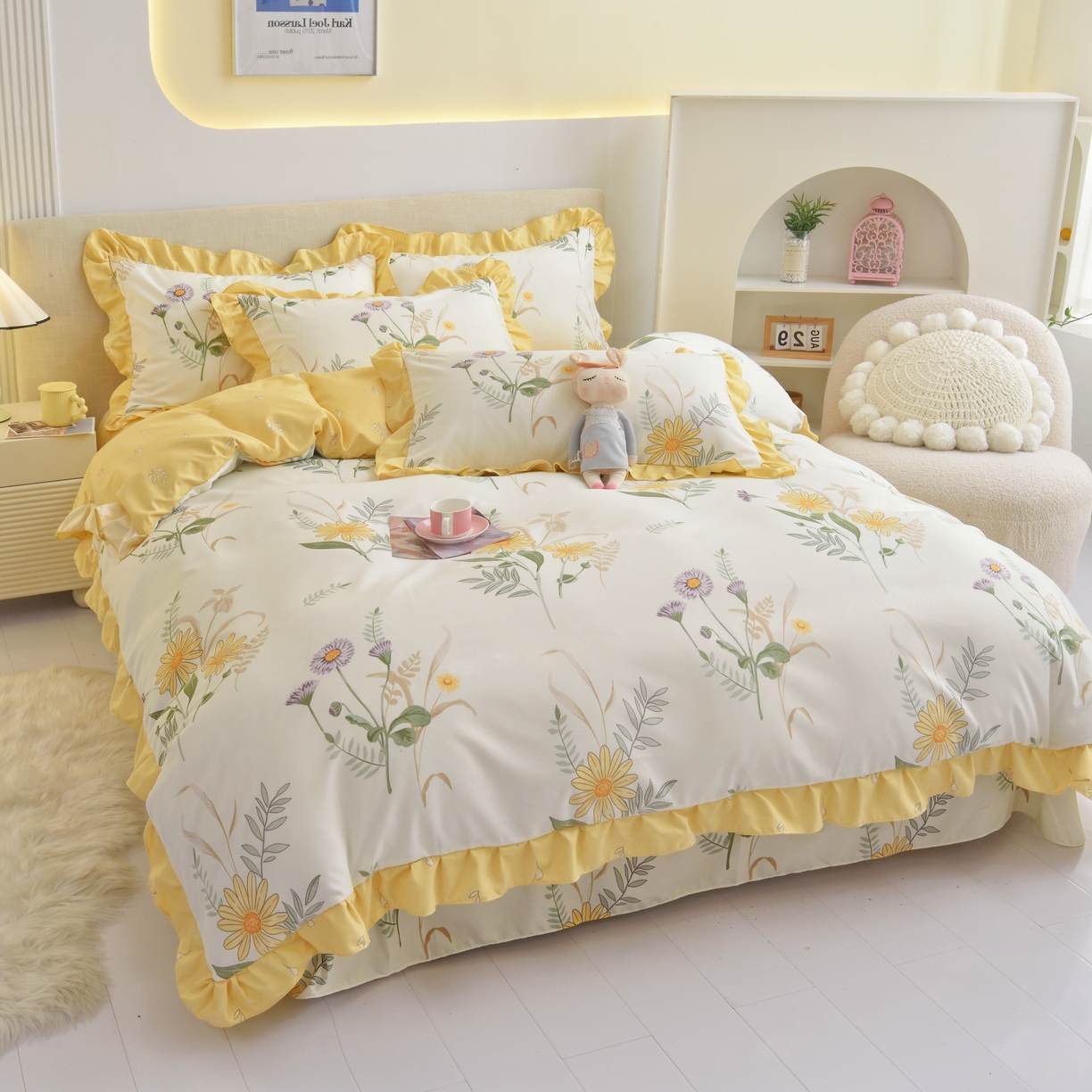 91家纺网 家纺一手货源 找家纺 宅家居 2024新韩版亲肤磨毛花边小号三件套 四件套床单大荷叶边 周生如故