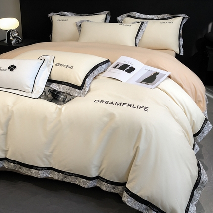 眷恋家纺 2024新款全棉数码拼接刺绣四件套 奶昔白+奶茶