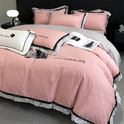 眷恋家纺 2024新款全棉数码拼接刺绣四件套 浅豆沙+山灰