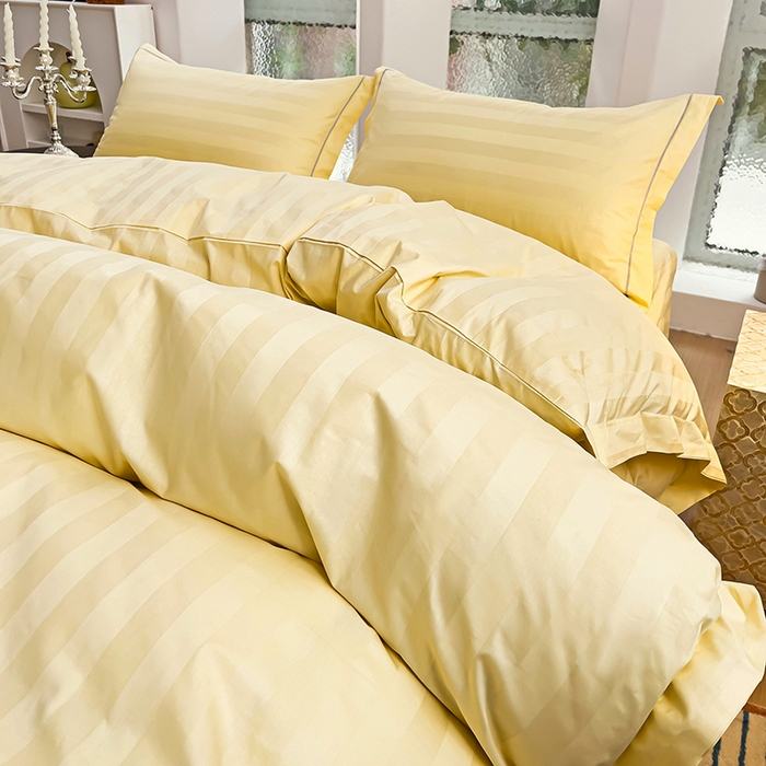 91家纺网 家纺一手货源 找家纺 品乐家纺 2024新款60支长绒棉条纹宽边四件套 宽边条纹黄