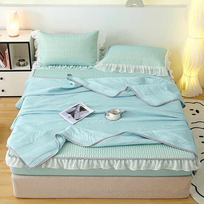 91家纺网 家纺一手货源 找家纺 伊人坊 2024新款A类凉感丝花边款乳胶床笠三四件套 花边 薄荷绿