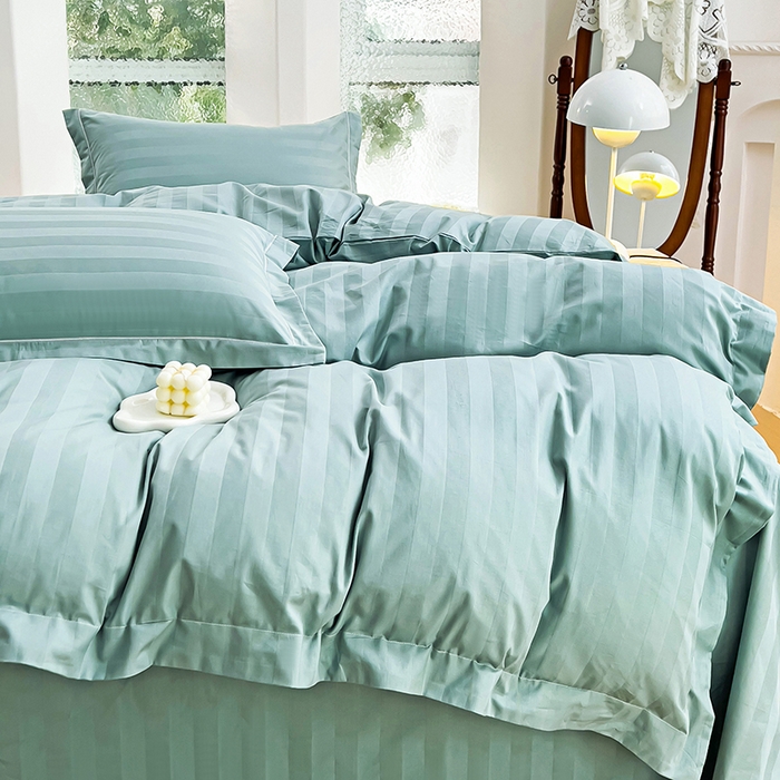 91家纺网 家纺一手货源 找家纺 品乐家纺 2024新款60支长绒棉条纹宽边四件套 宽边条纹青