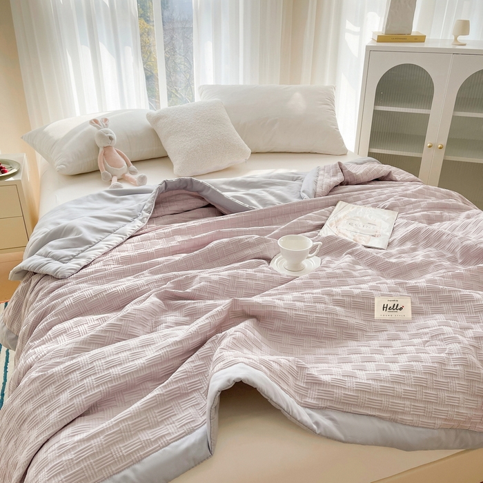 91家纺网 家纺一手货源 找家纺 迪乐妮家居 新款水洗华夫格宽包边大豆夏被 饼干花-绅士灰