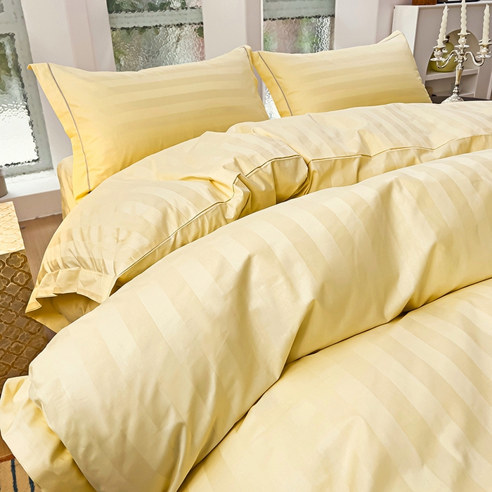 91家纺网 家纺一手货源 找家纺 品乐家纺 2024新款60支长绒棉条纹宽边四件套 宽边条纹黄