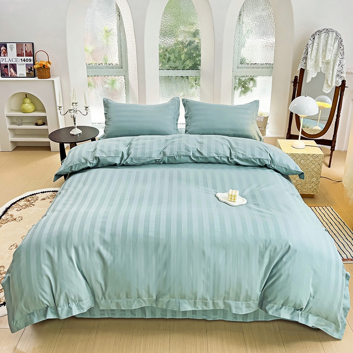 91家纺网 家纺一手货源 找家纺 品乐家纺 2024新款60支长绒棉条纹宽边四件套 宽边条纹青