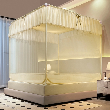 91家纺网 家纺一手货源 找家纺 （总）夏彩 2024新款88555 防尘遮光顶外穿杆式烤漆坐床蚊帐