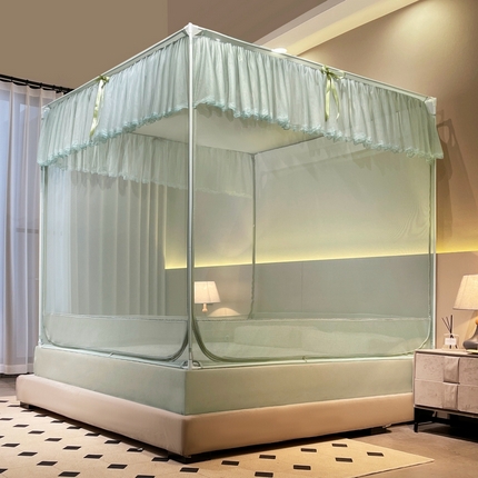 91家纺网 家纺一手货源 找家纺 （总）夏彩 2024新款88555 防尘遮光顶外穿杆式烤漆坐床蚊帐