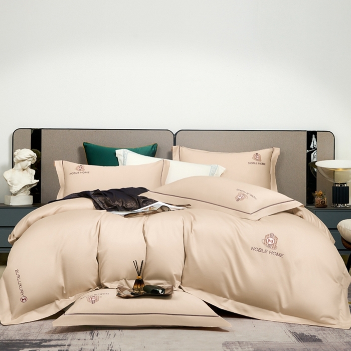 91家纺网 家纺一手货源 找家纺 U品汇（全棉磨毛源头厂家） 2024春夏新品60s支贡缎长绒棉刺绣花四件套纯棉全棉100%纯色简约轻奢 伯爵 -浅香槟