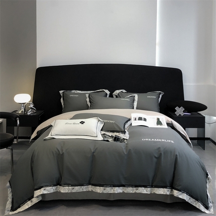 91家纺网 家纺一手货源 找家纺 眷恋家纺 2024新款全棉数码拼接刺绣四件套 高级灰+山灰