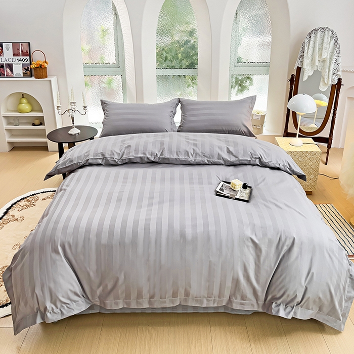 91家纺网 家纺一手货源 找家纺 品乐家纺 2024新款60支长绒棉条纹宽边四件套 宽边条纹灰