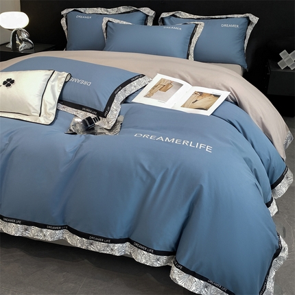 眷恋家纺 2024新款全棉数码拼接刺绣四件套 宾利蓝+山灰