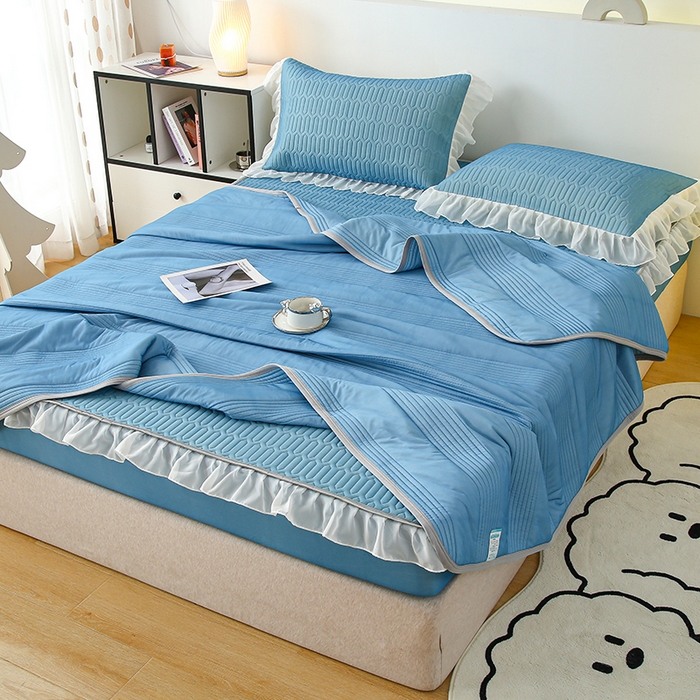 91家纺网 家纺一手货源 找家纺 伊人坊 2024新款A类凉感丝花边款乳胶床笠三四件套 花边 海洋蓝