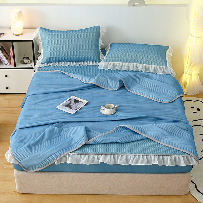 91家纺网 家纺一手货源 找家纺 伊人坊 2024新款A类凉感丝花边款乳胶床笠三四件套 花边 海洋蓝