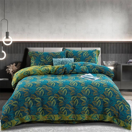 91家纺网 家纺一手货源 找家纺 双层纱家居 2024新款双层纱四件套系列（第一批）AA纽扣款 羽毛蓝