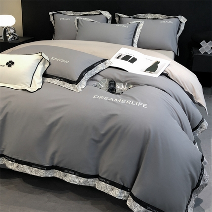眷恋家纺 2024新款全棉数码拼接刺绣四件套 中灰+山灰