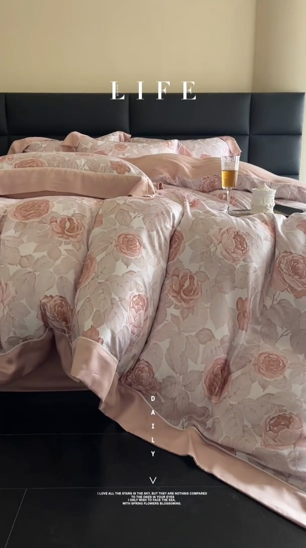 91家纺网 家纺一手货源 找家纺 娇逸家居 2025新款60支兰精天丝数码印花宽边四件套 瑰丽