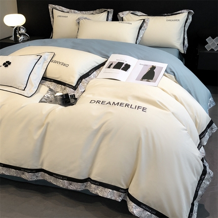 眷恋家纺 2024新款全棉数码拼接刺绣四件套 奶昔白+海清