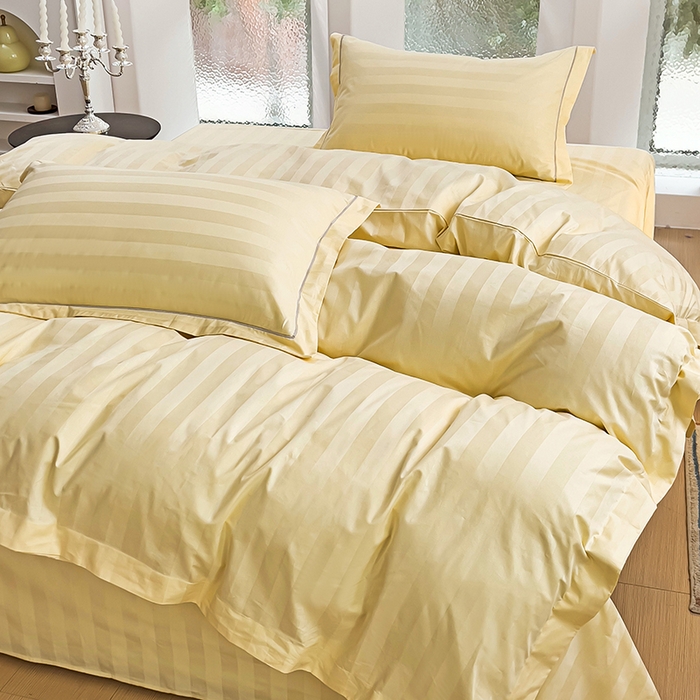 91家纺网 家纺一手货源 找家纺 品乐家纺 2024新款60支长绒棉条纹宽边四件套 宽边条纹黄