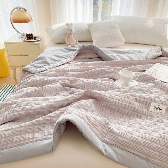 91家纺网 家纺一手货源 找家纺 迪乐妮家居 新款水洗华夫格宽包边大豆夏被 饼干花-绅士灰