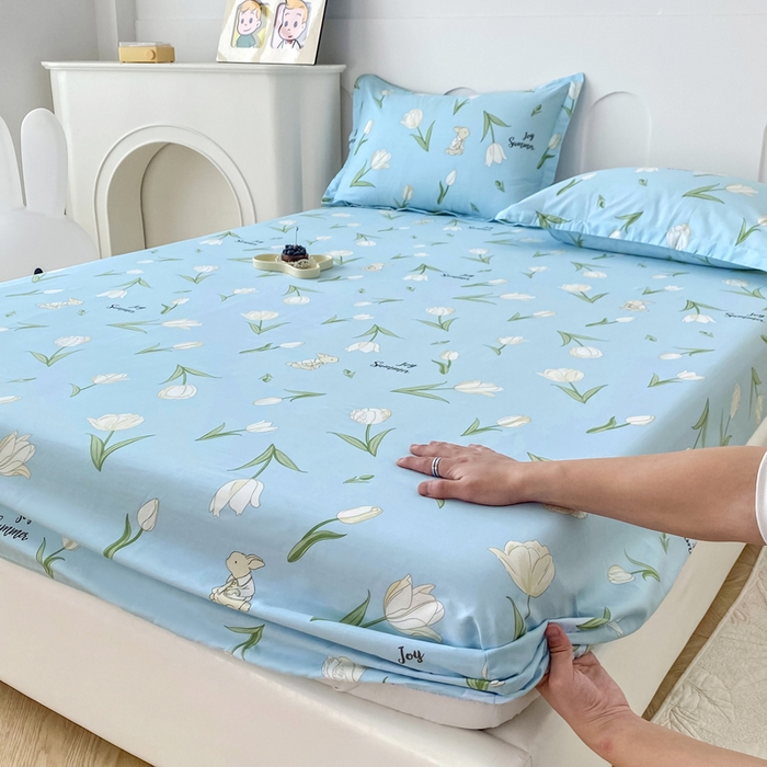 91家纺网 家纺一手货源 找家纺 帛织澜家纺 2026新款喷气12868系列纯棉印花单床笠 百合兔