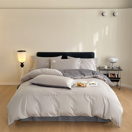 91家纺网 家纺一手货源 找家纺 慕色家纺 2024新款全棉刺绣拼色系列四件套 拼色-山灰+中灰