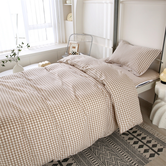 91家纺网 家纺一手货源 找家纺 凌云家纺 2025新款A类全棉水洗棉床垫套三件套四件套学生宿舍 格韵-咖