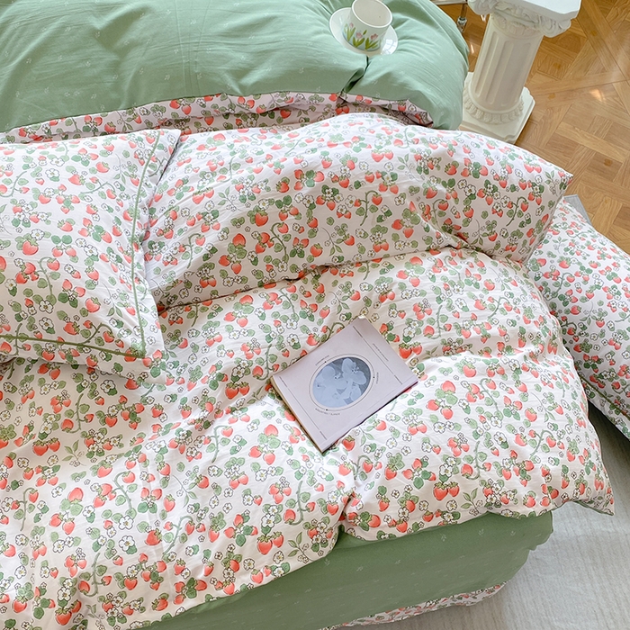 91家纺网 家纺一手货源 找家纺 家贝爱 2024春日新款A类精选高支高密水洗云锦棉四件套 草莓粉