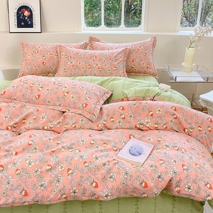 91家纺网 家纺一手货源 找家纺 家贝爱 2024春日新款A类精选高支高密水洗云锦棉四件套 奶油草莓