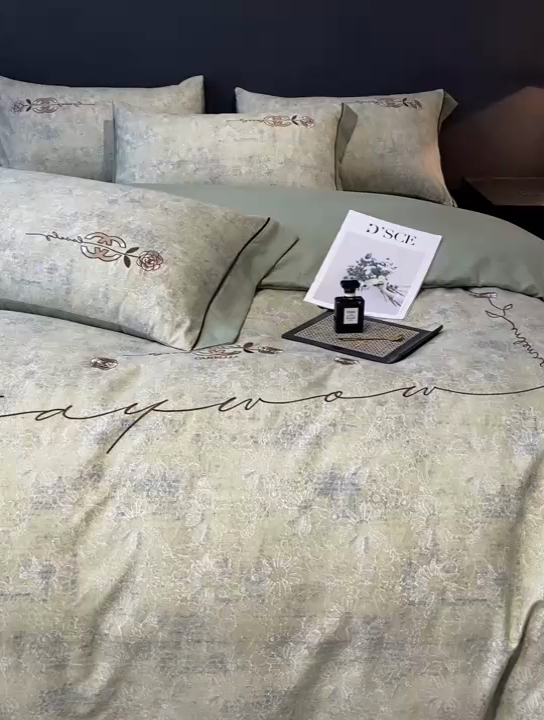 91家纺网 家纺一手货源 找家纺 宅家居2024新款轻奢复古风阳绒磨毛雅棉刺绣系列四件套  绿