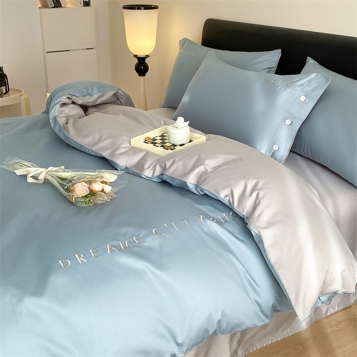 91家纺网 家纺一手货源 找家纺 慕色家纺 2024新款全棉刺绣拼色系列四件套 拼色-海青+浅灰