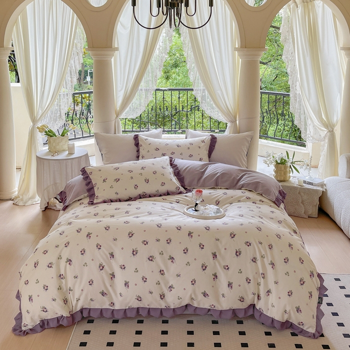 91家纺网 家纺一手货源 找家纺 乐童家纺 2024新款13372全棉雪纺花边四件套直播热款 紫葡萄