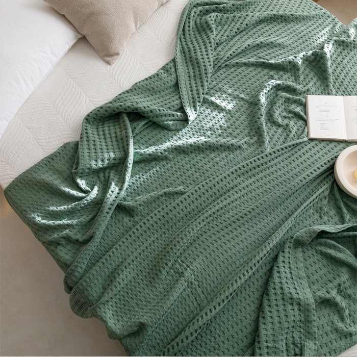 91家纺网 家纺一手货源 找家纺 朴尔家纺-毛巾被 2024新款柔软风纯色华夫格全棉纱布毛巾被系列 华夫格-绿