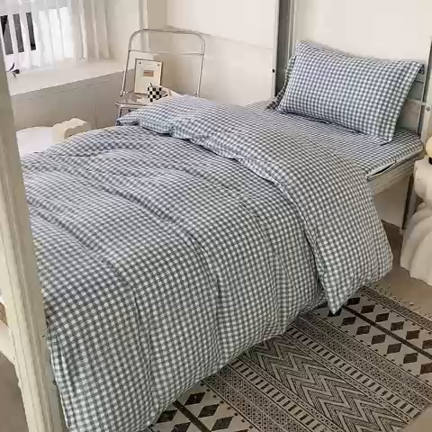 91家纺网 家纺一手货源 找家纺 凌云家纺 2025新款A类全棉水洗棉床垫套三件套四件套学生宿舍 雅致-蓝