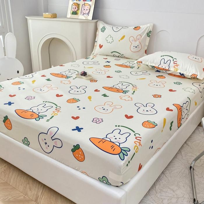 91家纺网 家纺一手货源 找家纺 帛织澜家纺 2025新款喷气12868系列纯棉印花单床笠 萝卜兔