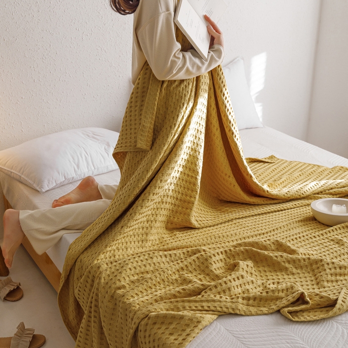 91家纺网 家纺一手货源 找家纺 朴尔家纺-毛巾被 2024新款柔软风纯色华夫格全棉纱布毛巾被系列 华夫格-黄