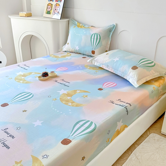 91家纺网 家纺一手货源 找家纺 帛织澜家纺 2025新款喷气12868系列纯棉印花单床笠 热气球