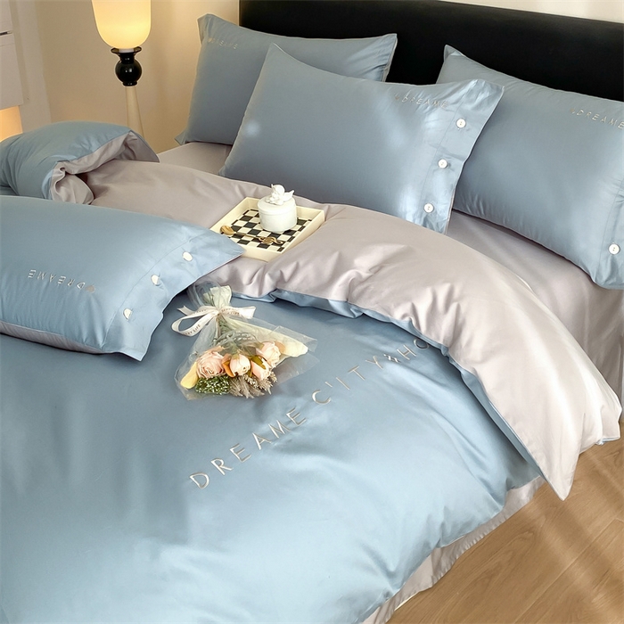 91家纺网 家纺一手货源 找家纺 慕色家纺 2024新款全棉刺绣拼色系列四件套 拼色-海青+浅灰