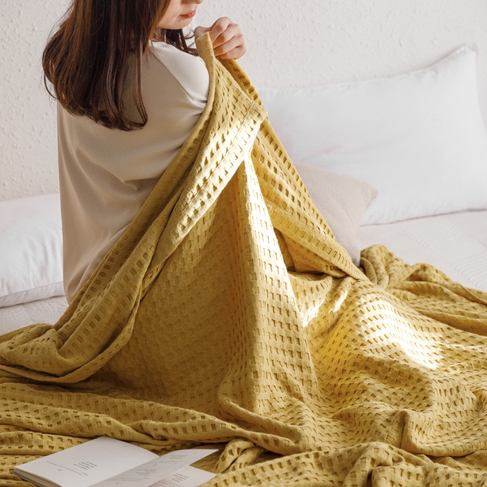 91家纺网 家纺一手货源 找家纺 朴尔家纺-毛巾被 2024新款柔软风纯色华夫格全棉纱布毛巾被系列 华夫格-黄