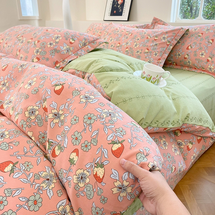 91家纺网 家纺一手货源 找家纺 家贝爱 2024春日新款A类精选高支高密水洗云锦棉四件套 奶油草莓