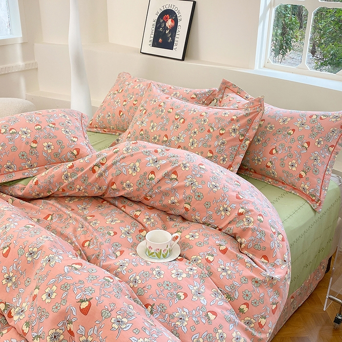 91家纺网 家纺一手货源 找家纺 家贝爱 2024春日新款A类精选高支高密水洗云锦棉四件套 奶油草莓