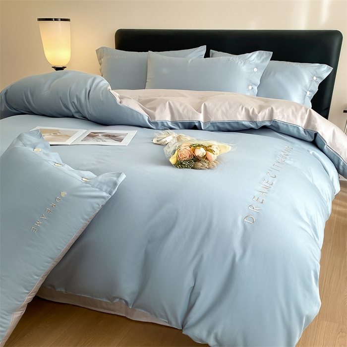 91家纺网 家纺一手货源 找家纺 慕色家纺 2024新款全棉刺绣拼色系列四件套 拼色-海青+浅灰