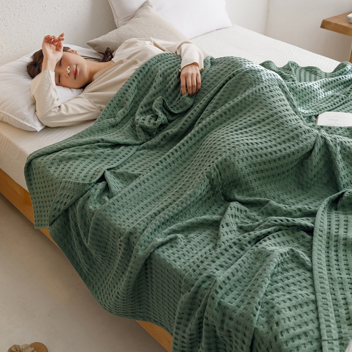 91家纺网 家纺一手货源 找家纺 朴尔家纺-毛巾被 2024新款柔软风纯色华夫格全棉纱布毛巾被系列 华夫格-绿