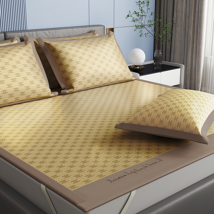 91家纺网 家纺一手货源 找家纺 卡初家居 2024新款高档提花凯瑟琳C刺绣系列冰丝席 凯瑟琳-棕