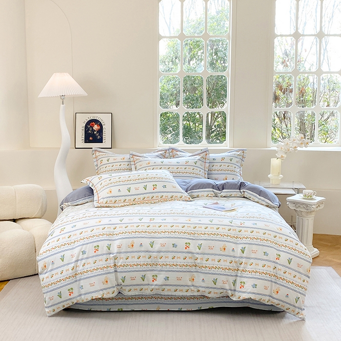 91家纺网 家纺一手货源 找家纺 家贝爱 2024春日新款A类精选高支高密水洗云锦棉四件套 草莓小兔