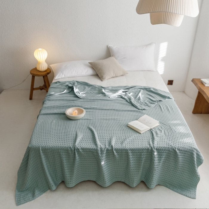 91家纺网 家纺一手货源 找家纺 朴尔家纺-毛巾被 2024新款柔软风纯色华夫格全棉纱布毛巾被系列 华夫格-蓝