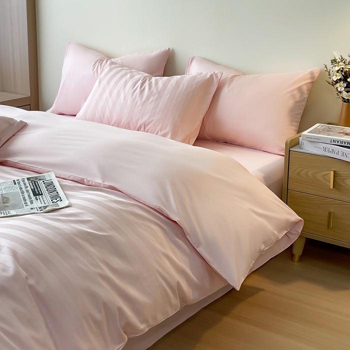 91家纺网 家纺一手货源 找家纺 蓝邻家纺 2024新款全棉60s贡缎提花轻奢四件套系列 杰西-优雅粉